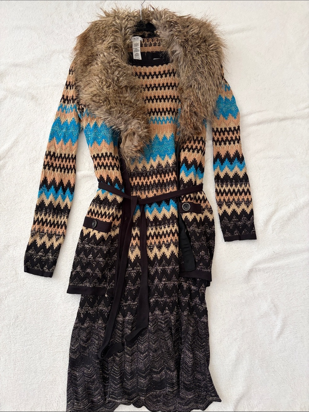 Cache Sleeveless Zigzag Knit Dress-Black, Tan & Blue and Matching Sweater Jacket